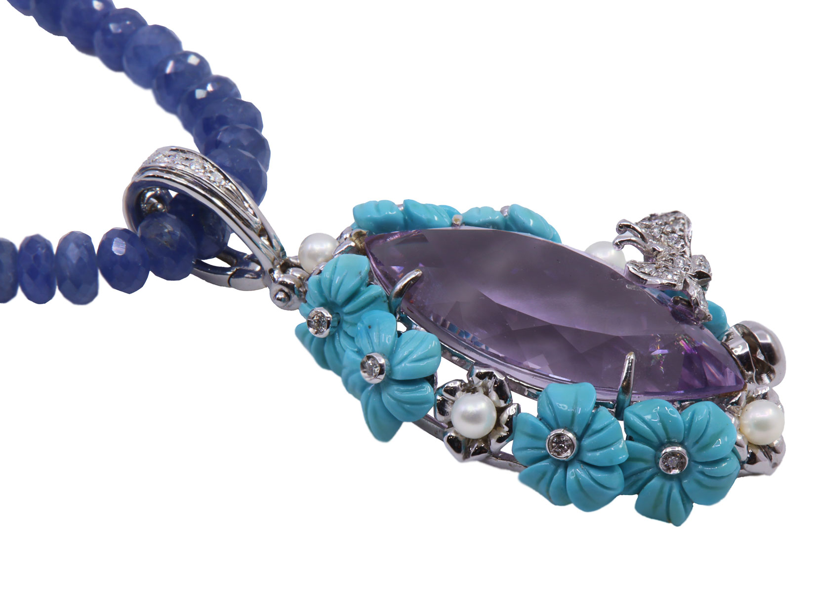 Pendente Ametista, turchesi e piccole perle su oro bianco , gr. 17,9