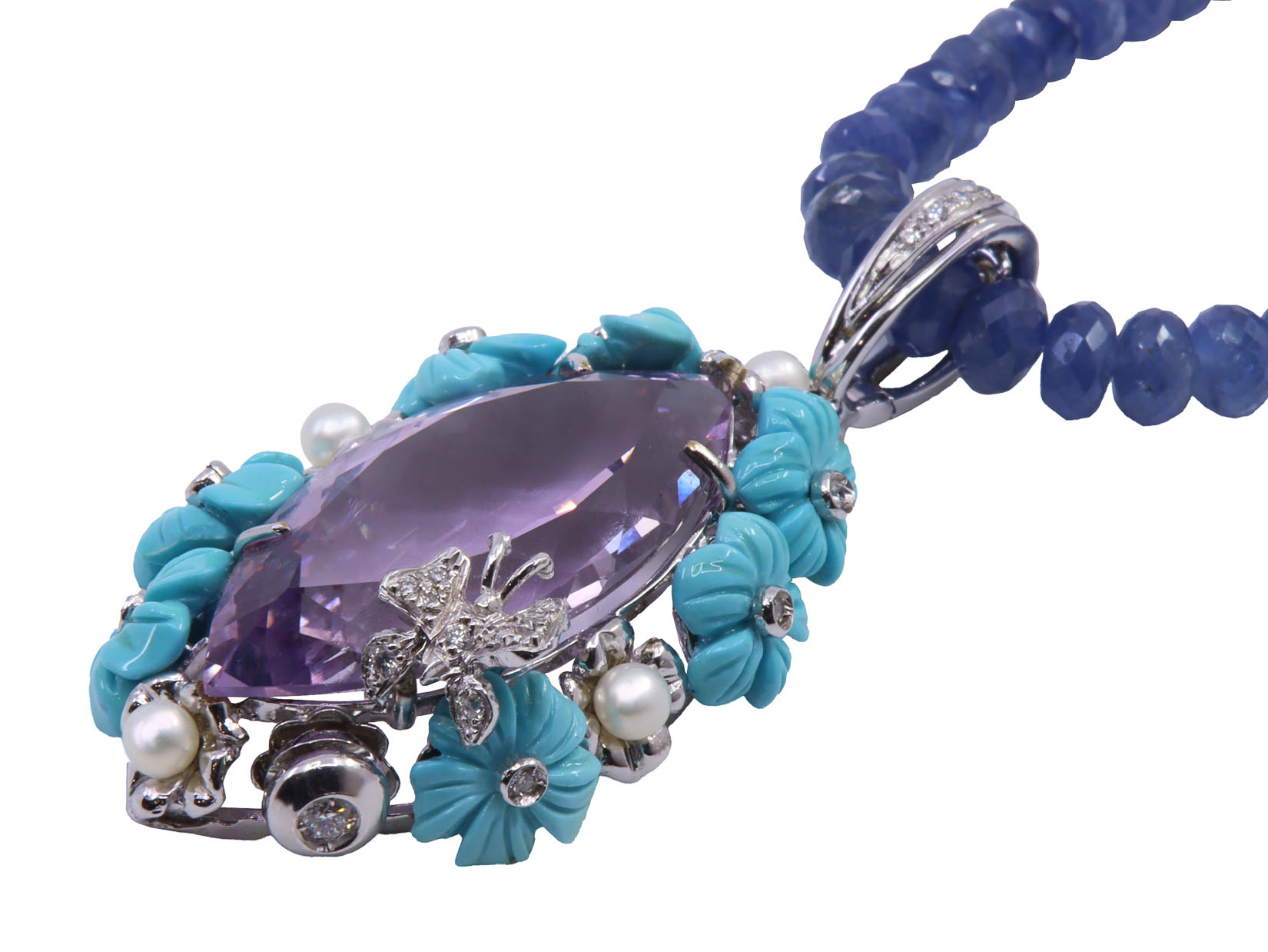 Pendente Ametista, turchesi e piccole perle su oro bianco , gr. 17,9