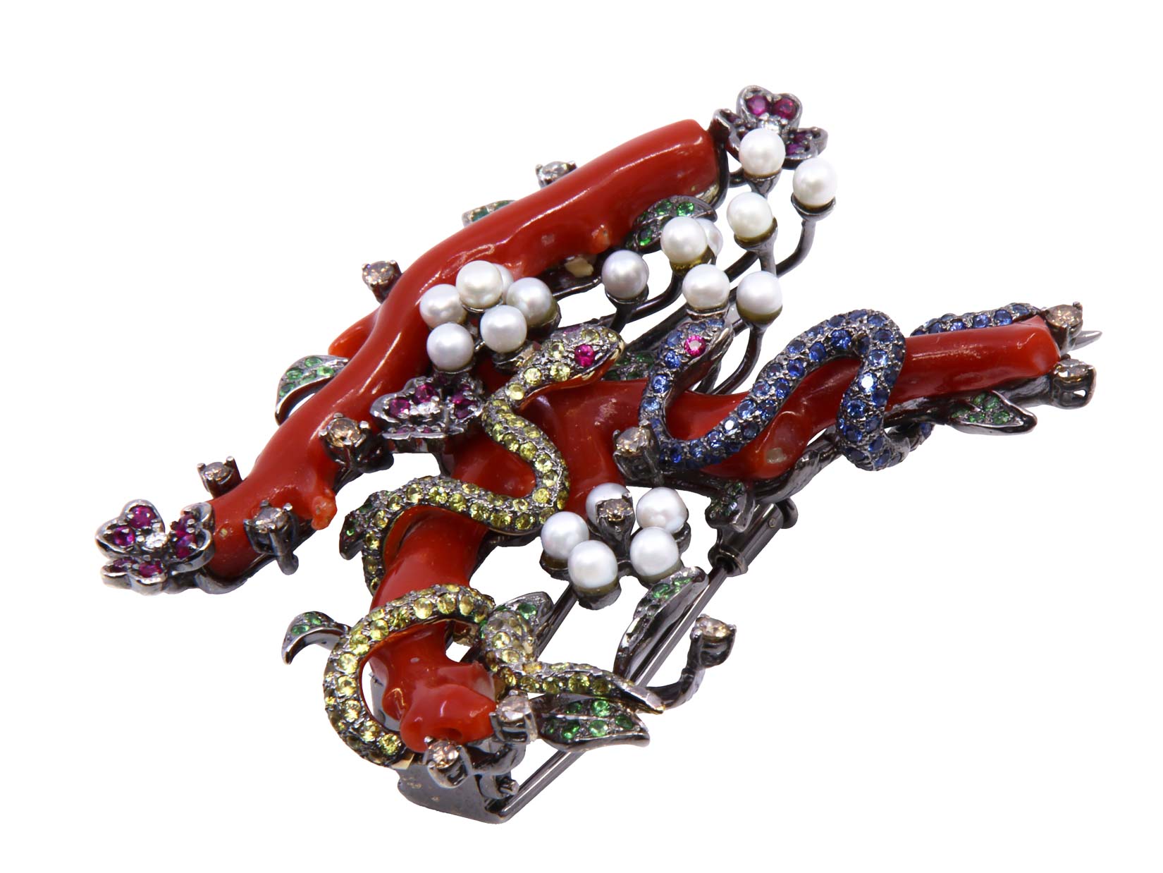 Spilla in oro brunito 18kt con corallo, serpenti, floreale, gr. 32,40 totali