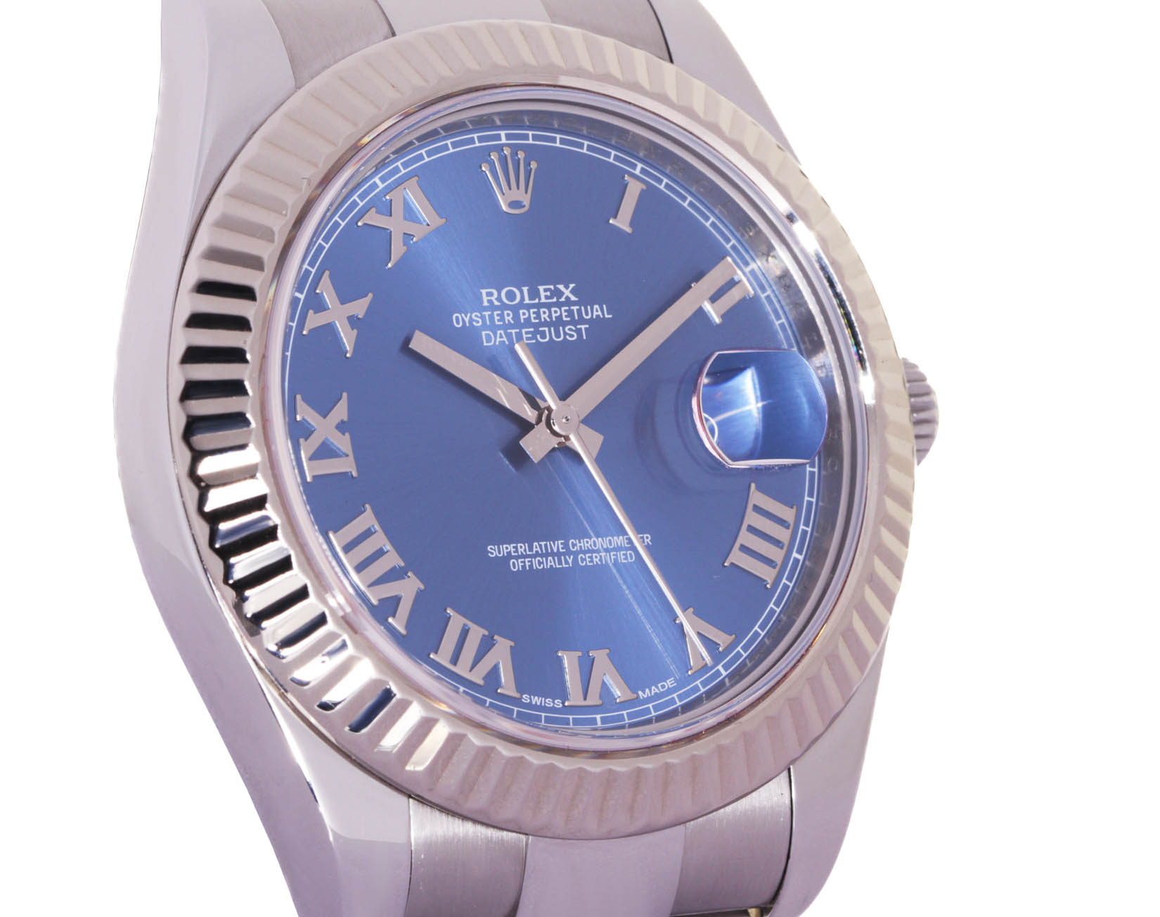 ROLEX 116334 Datejust, 18kt White gold & Oyster Steel Brac. Blu Roman, 6-24