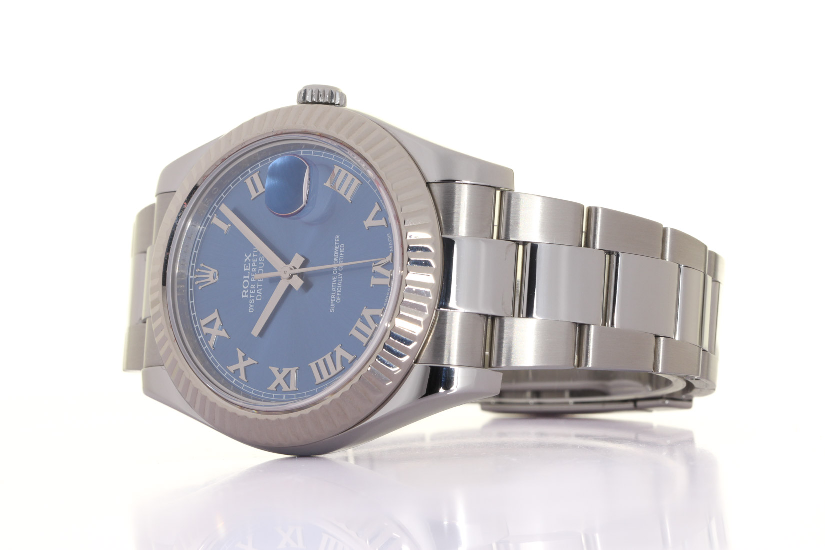 ROLEX 116334 Datejust, 18kt White gold & Oyster Steel Brac. Blu Roman, 6-24