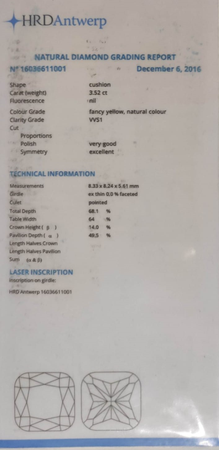 Anello in oro bianco e giallo di gr 13,70 con brillante centrale cushion Fancy Yellow, Natural Color VVS1 contorno di brillanti  da ct2,04 -  Zaffiri Blu per 1,12ct e Zaffiri fancy per 1,07ct