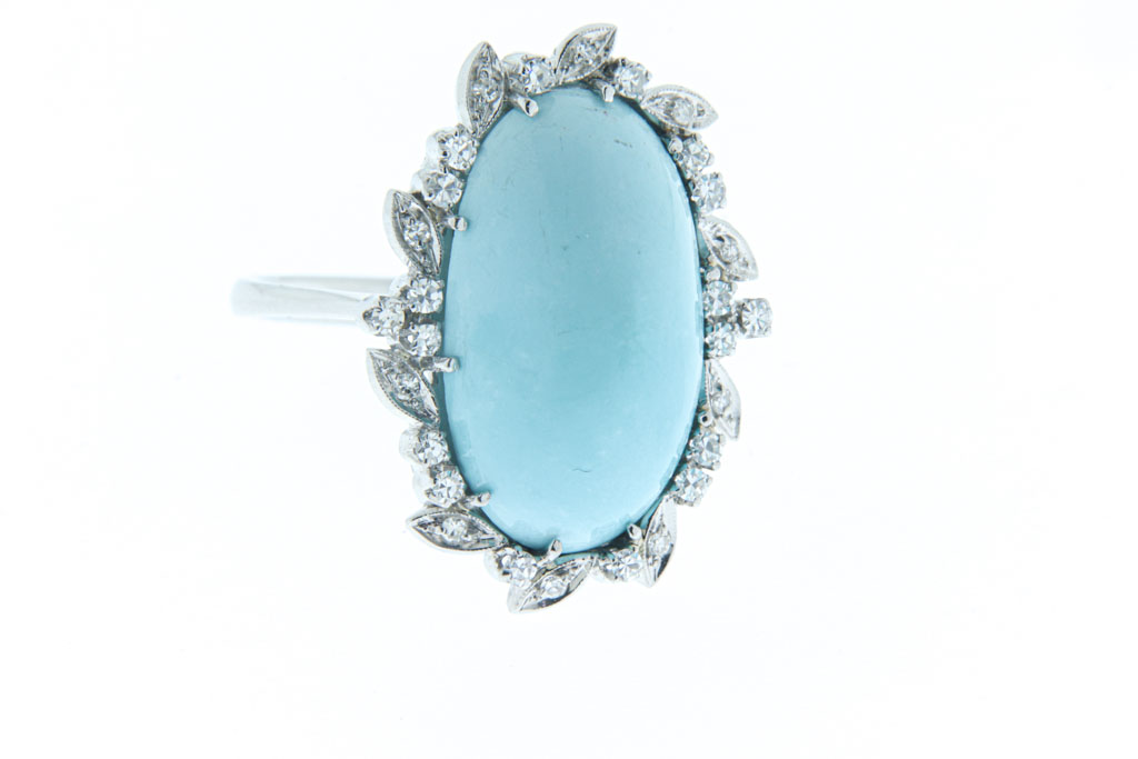 Anello turchese con diamantini in oro bianco 18kt gr9.5