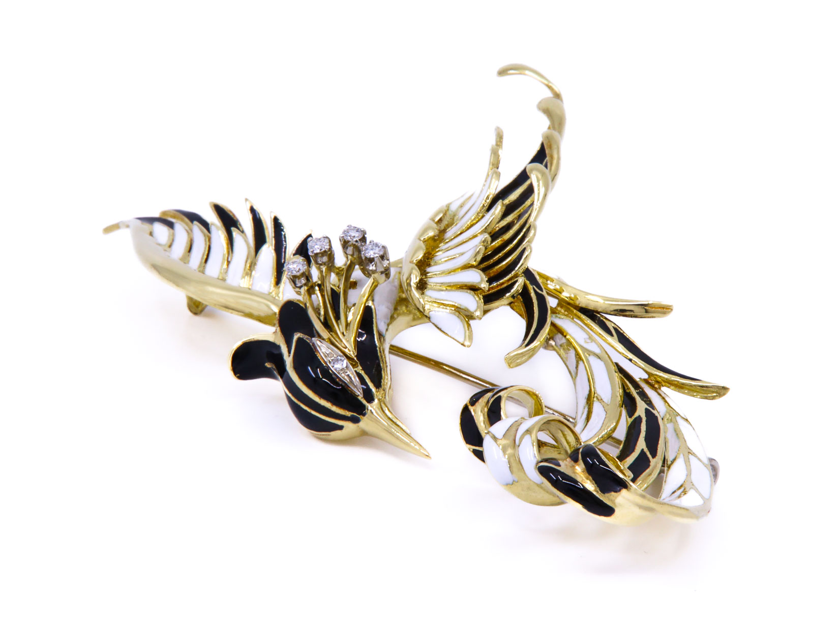 Spilla uccello in oro giallo 18kt. smaltato di gr. 32,8 con brillanti