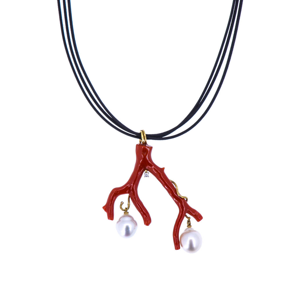 Ciondolo Ramo di corallo e perle barocche - Brillante 0,03ct