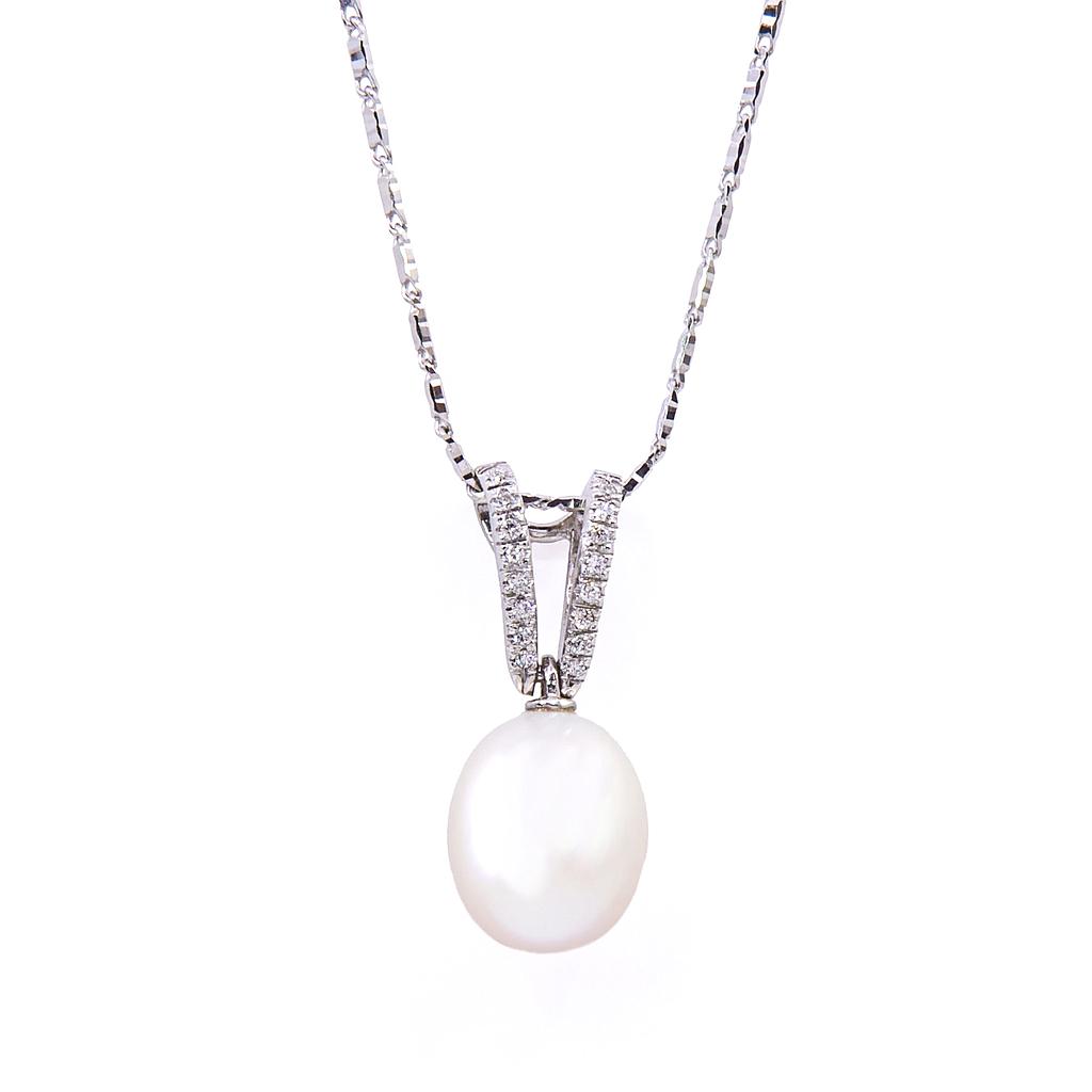 Collana con perla - Brillanti 0,10ct. G-VS, oro 18kt di 8,20gr