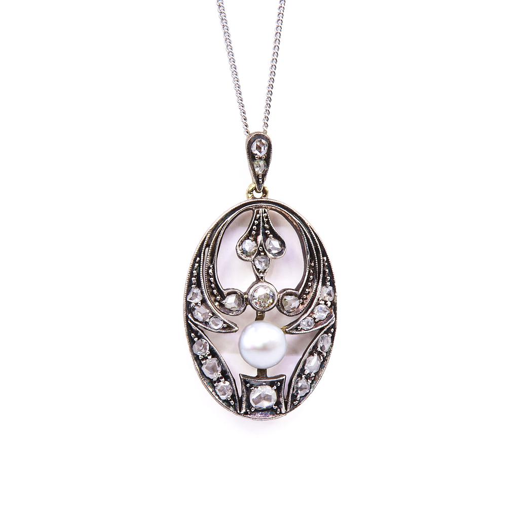 Collana - Perla, brillanti taglio antico, oro 18kt.