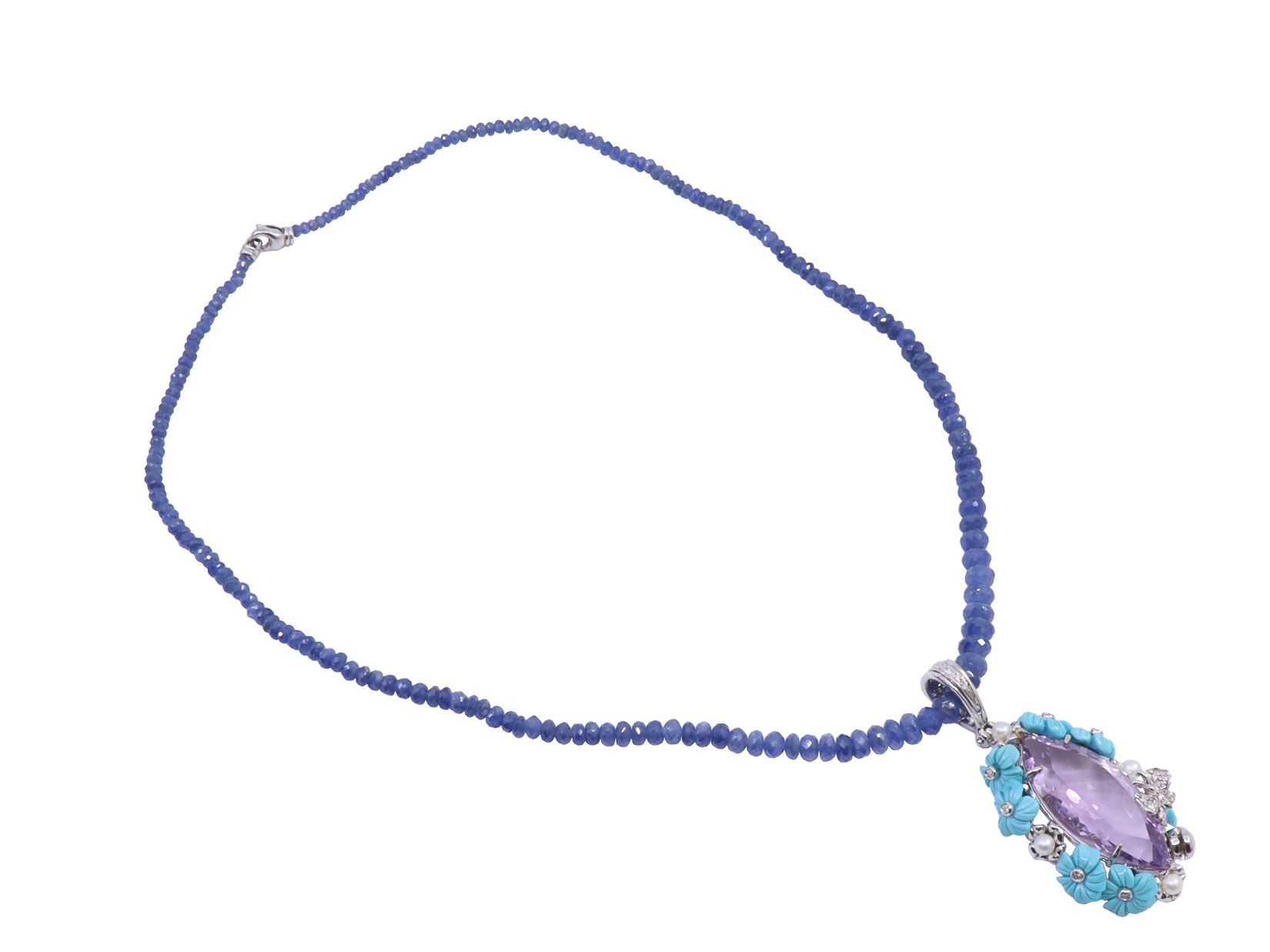 Pendente Ametista, turchesi e piccole perle su oro bianco , gr. 17,9