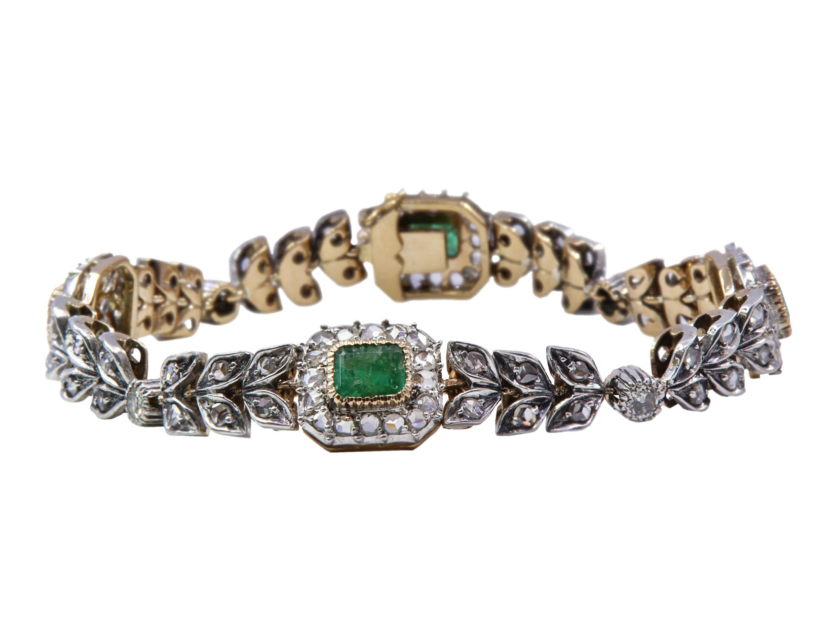 Bracciale stile antico 9kt con diamanti e pietre verdi, gr.22.0 