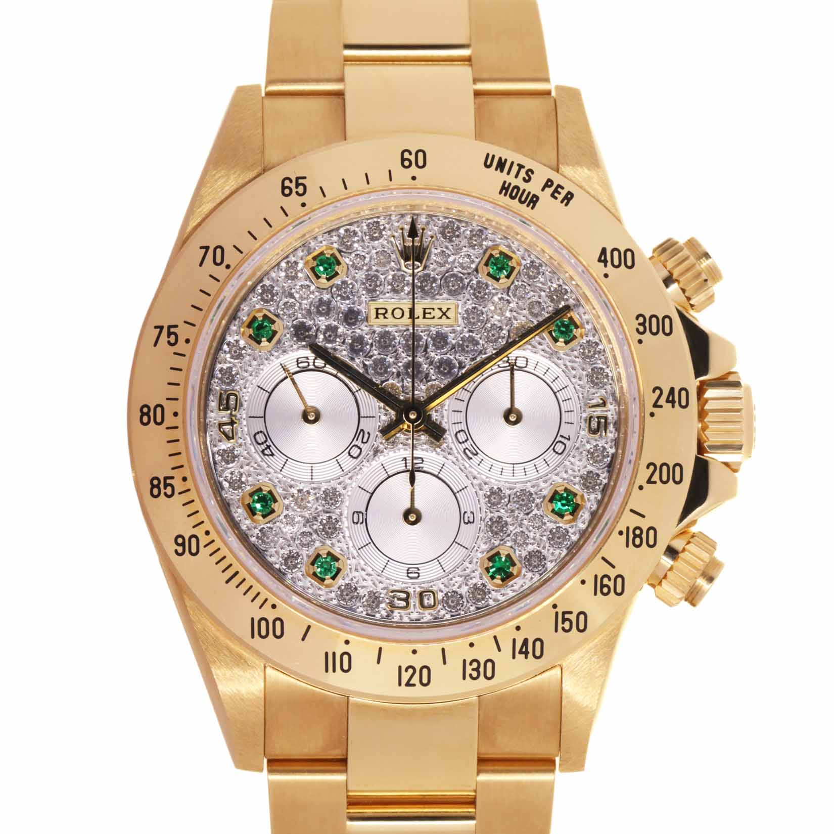 Rolex Daytona ref:16528 - 18kt Yellow, Full Pavè XL 8 emerald (Rolex), Rolex Box & Papers (1997), Official Service exp. 01/2026