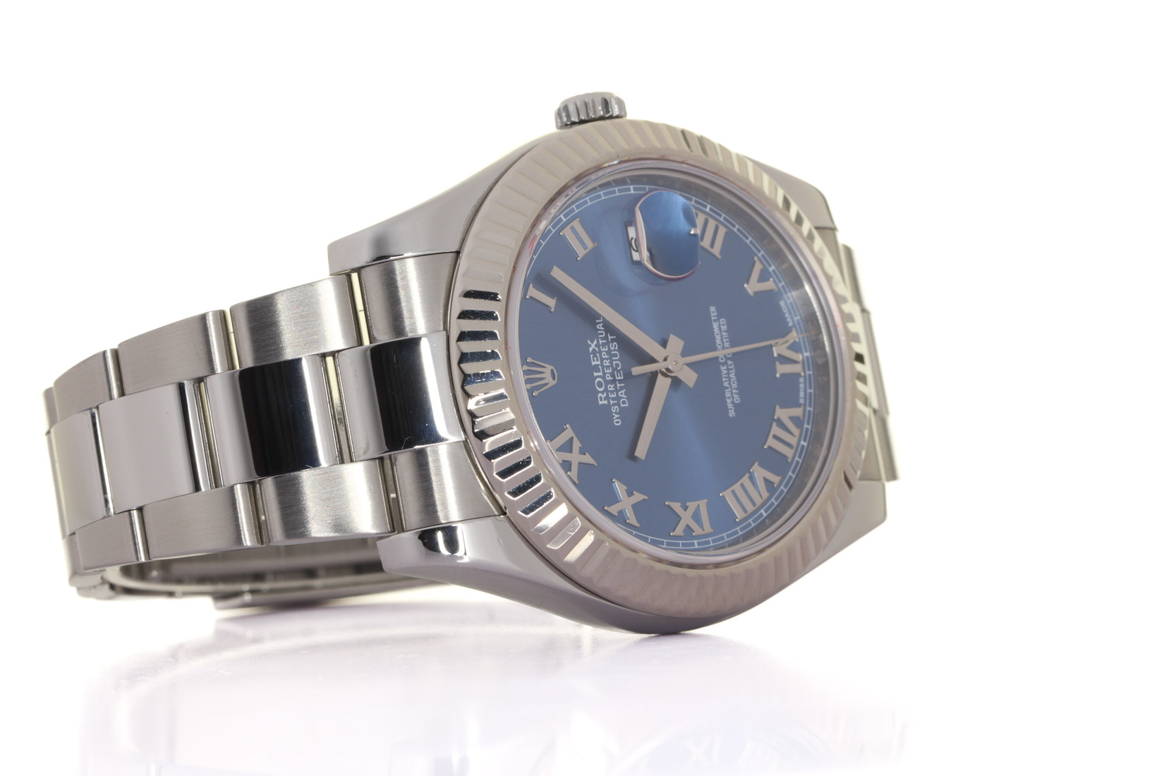 ROLEX 116334 Datejust, 18kt White gold & Oyster Steel Brac. Blu Roman, 6-24