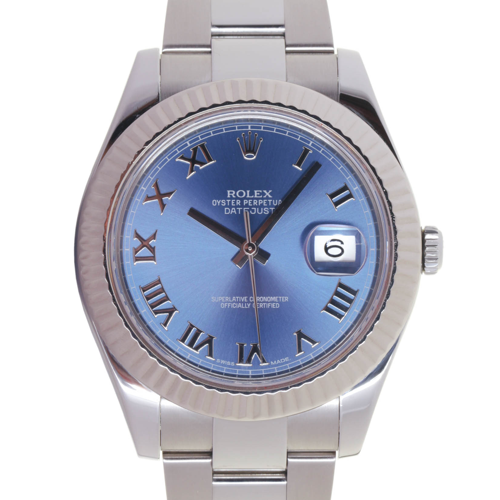 ROLEX 116334 Datejust, 18kt White gold & Oyster Steel Brac. Blu Roman, 6-24