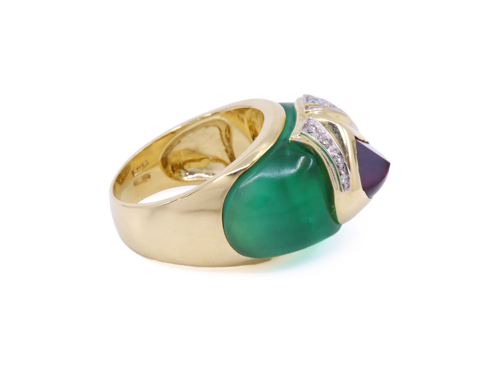 Anello in oro giallo 750/°°° di grammi 16.70 con cristallo di rocca verde 