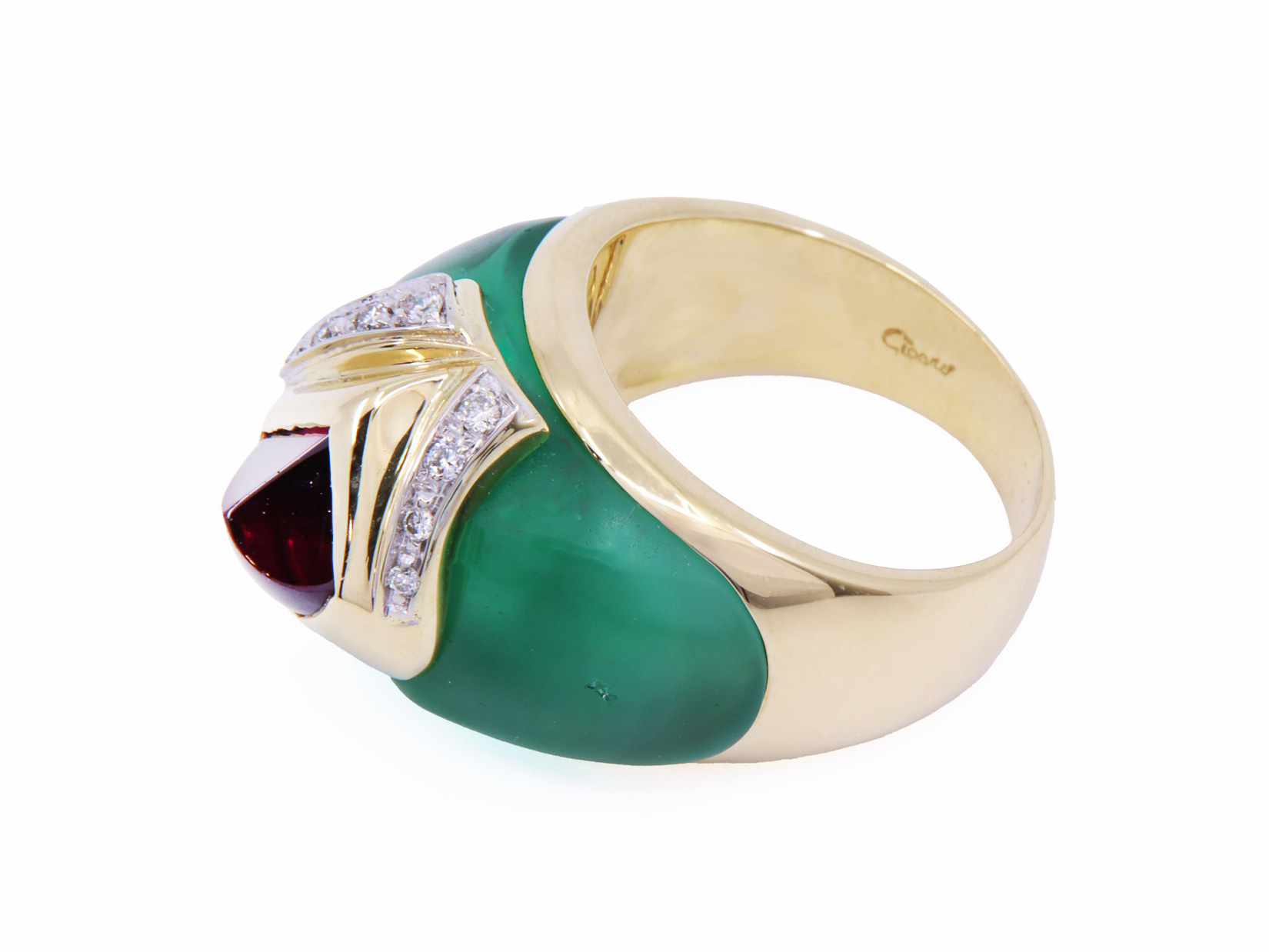 Anello in oro giallo 750/°°° di grammi 16.70 con cristallo di rocca verde 