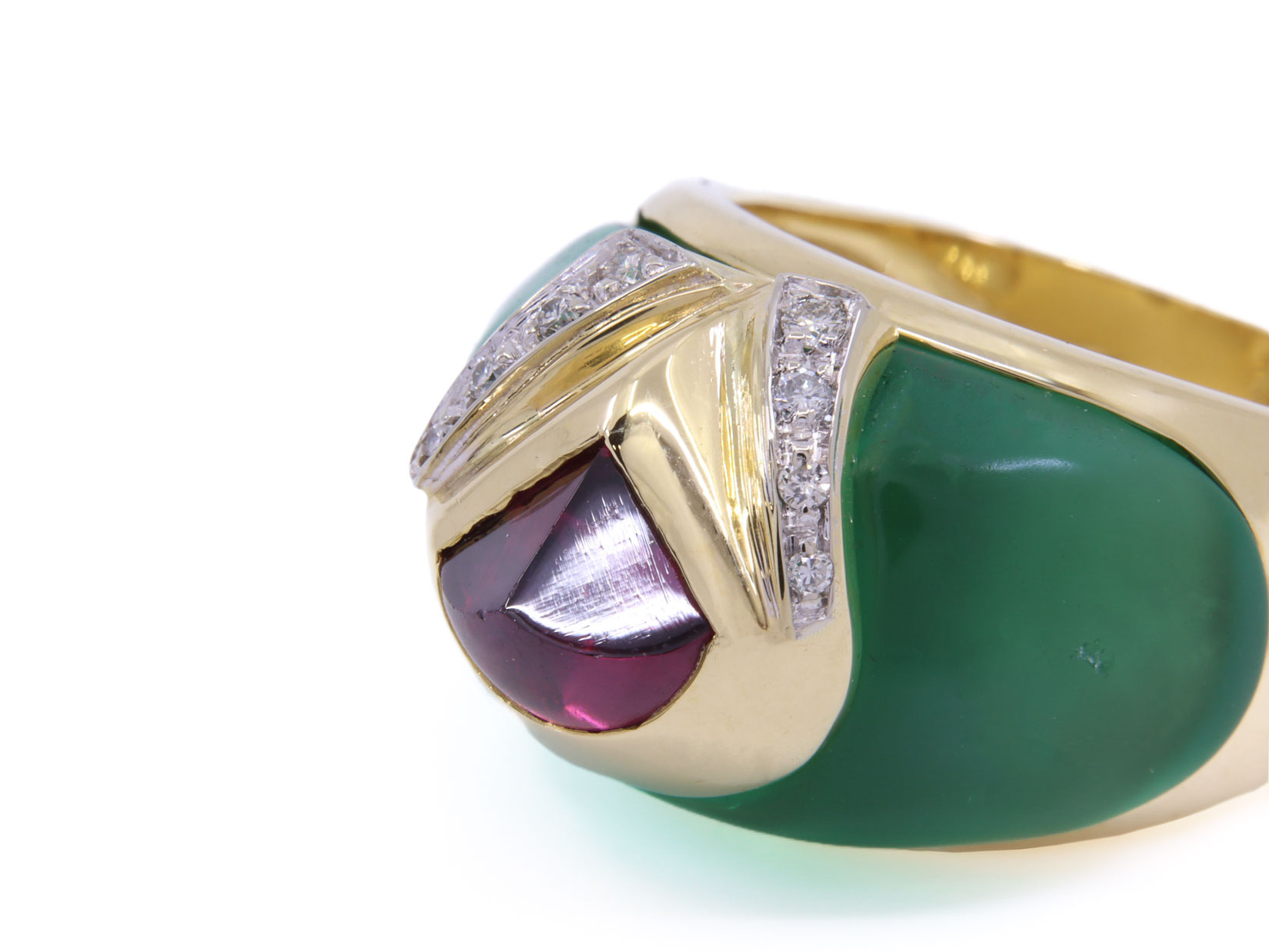 Anello in oro giallo 750/°°° di grammi 16.70 con cristallo di rocca verde 