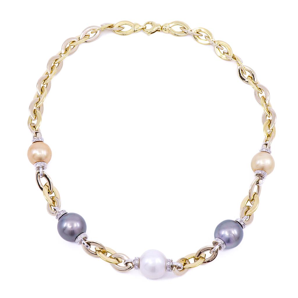 Girocollo in oro perle e brillanti - Perle australiane, Thaiti e gold, in oro 18kt e brillanti 0,30ct G-VS