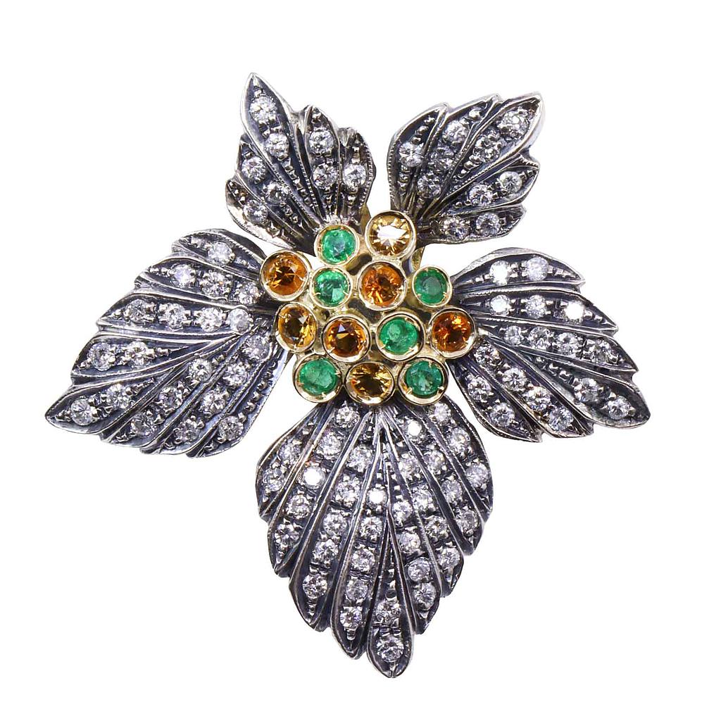 Pendente fiore stile antico - Argento e oro 18kt. con brillanti, peso totale 13,9 gr