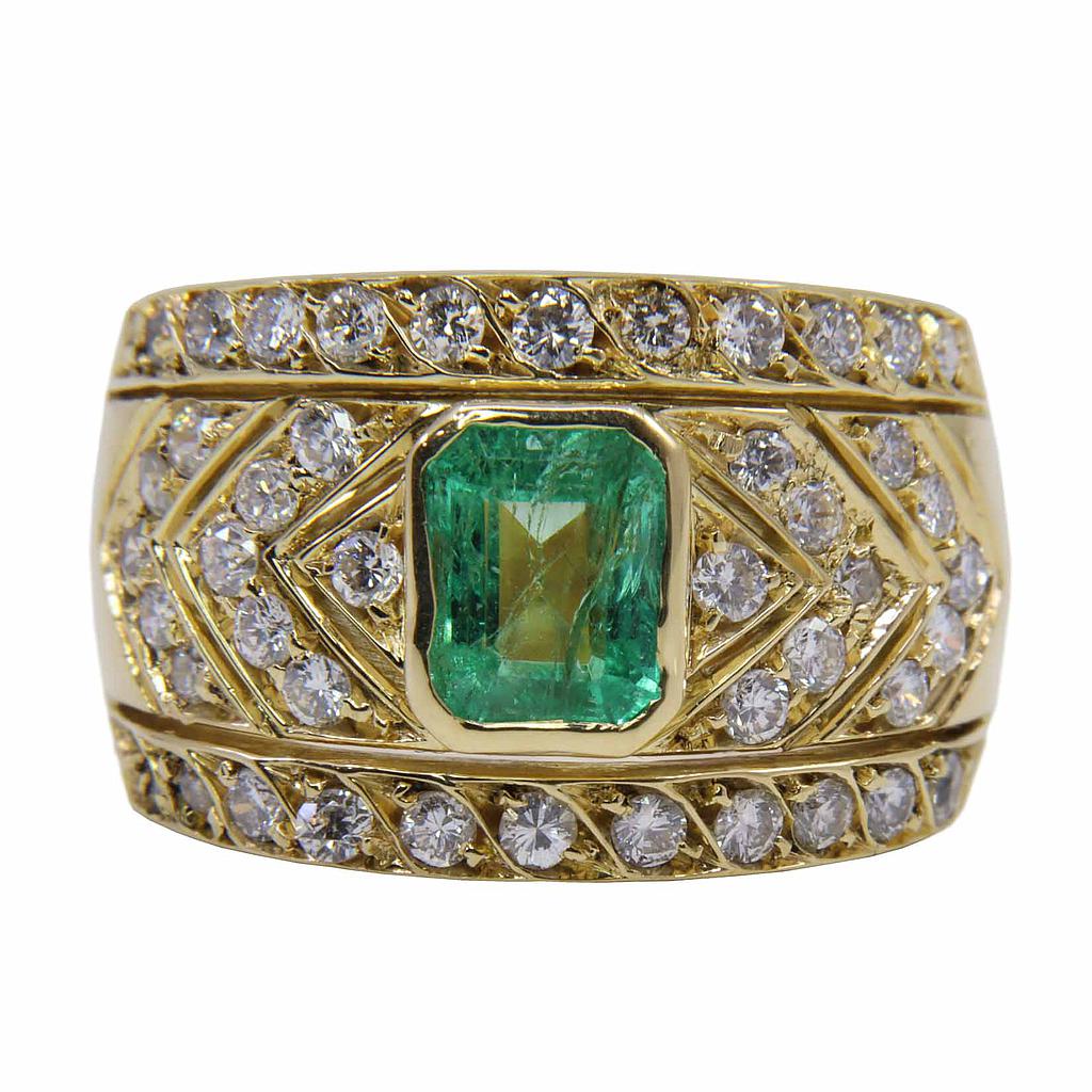 Anello fascia Smeraldo Brasile 1,20 ct. circa - Brillanti 0,50ct. H-VS1 in oro 18kt. peso totale gr12,50